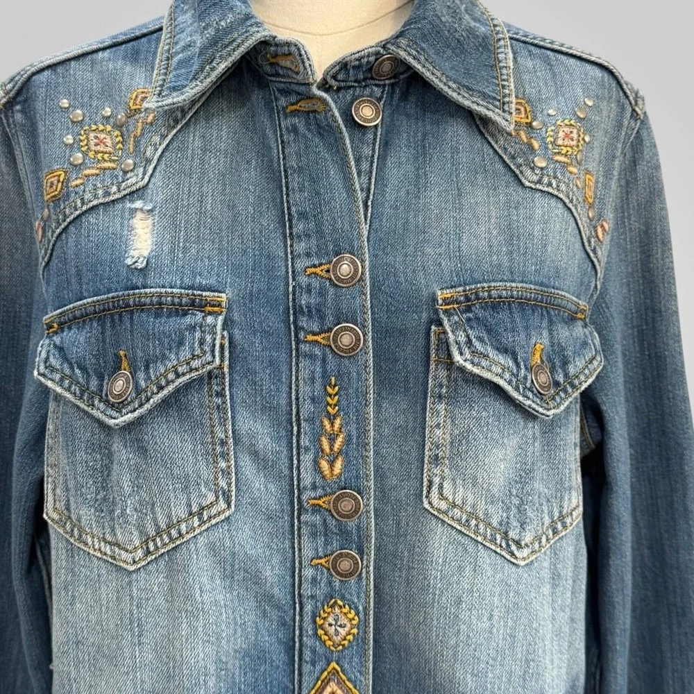 Free People Embellished Denim Shacket Oversized Western Boho Distressed Jacket - Picture 5 of 8